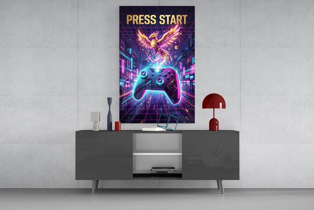 a neon game controller and pixel phoenix glass wall art displayed above a console in a designer interior