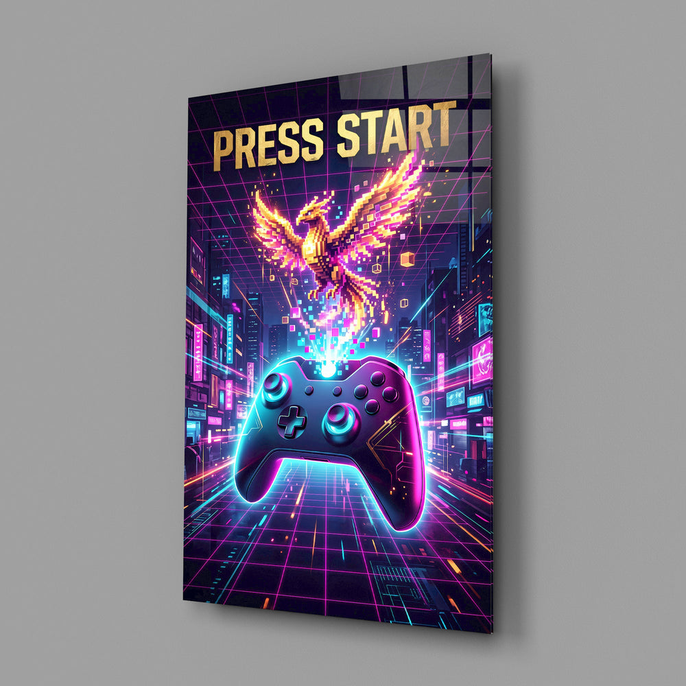 a neon game controller and pixel phoenix glass wall art angled to show the polished tempered glass panel