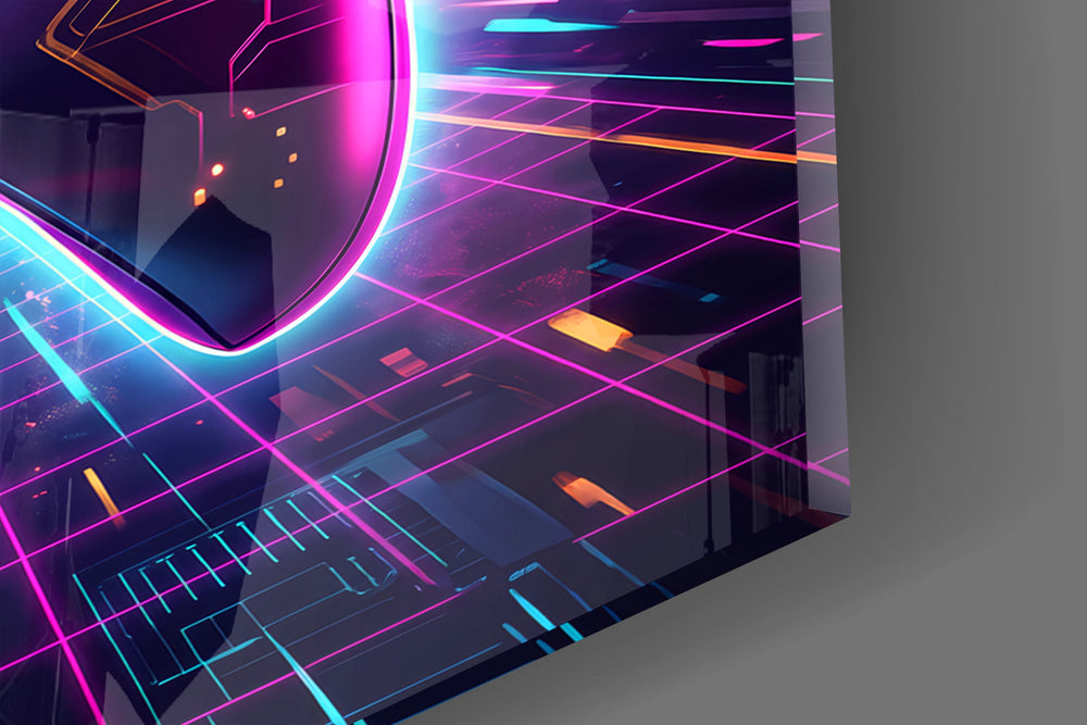 Close-up detail of the pixel phoenix rising from the glowing controller on the glass surface