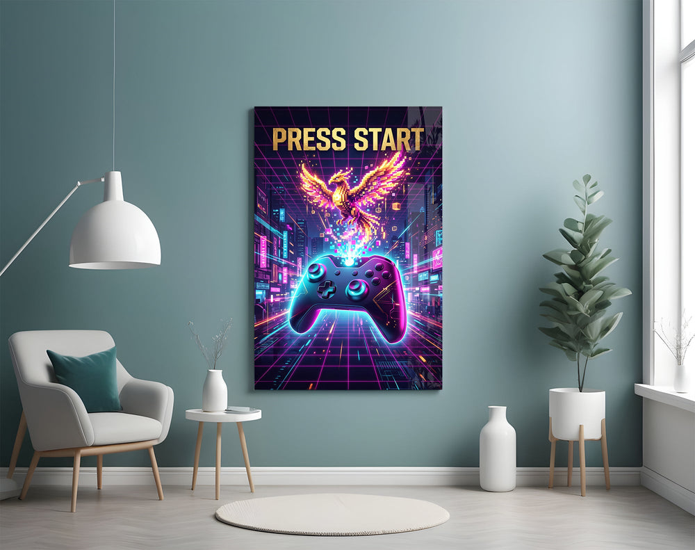 a neon game controller and pixel phoenix glass wall art styled above an armchair in a reading corner