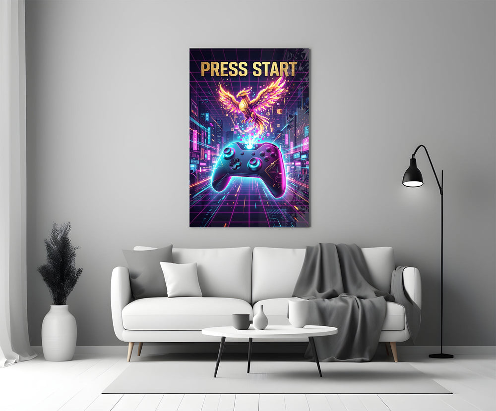 a neon game controller and pixel phoenix panel bringing character to a minimalist living room wall