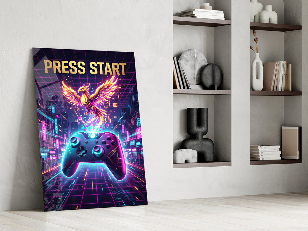 a neon game controller and pixel phoenix panel resting in a shelving niche in a modern interior