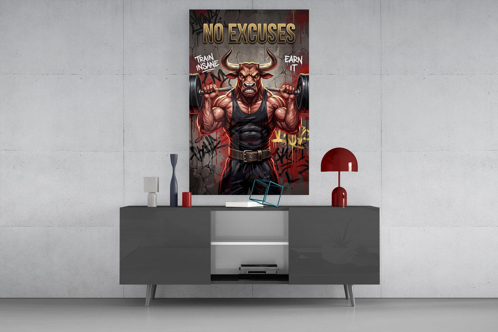 a weightlifting bull with a barbell glass wall art displayed above a console in a designer interior