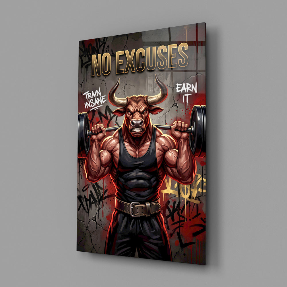 a weightlifting bull with a barbell glass wall art angled to show the polished tempered glass panel