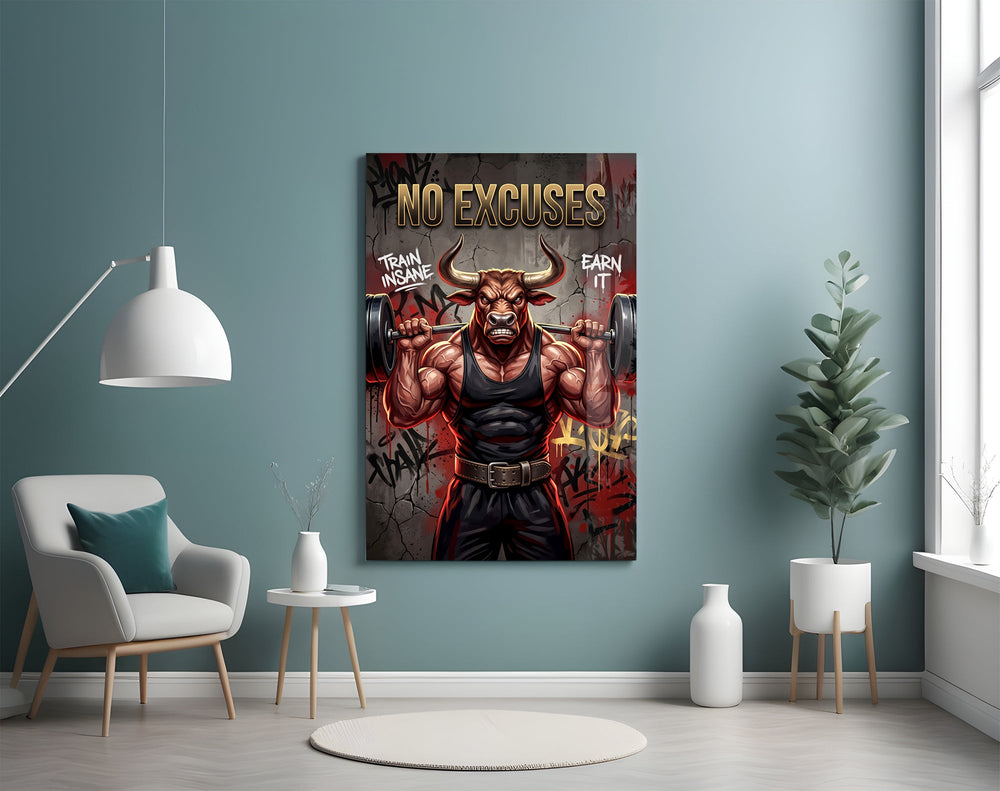 a weightlifting bull with a barbell glass wall art styled above an armchair in a reading corner