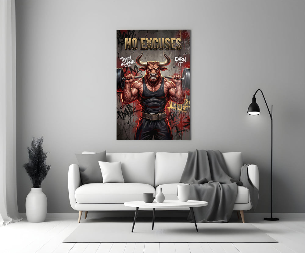 a weightlifting bull with a barbell panel bringing character to a minimalist living room wall