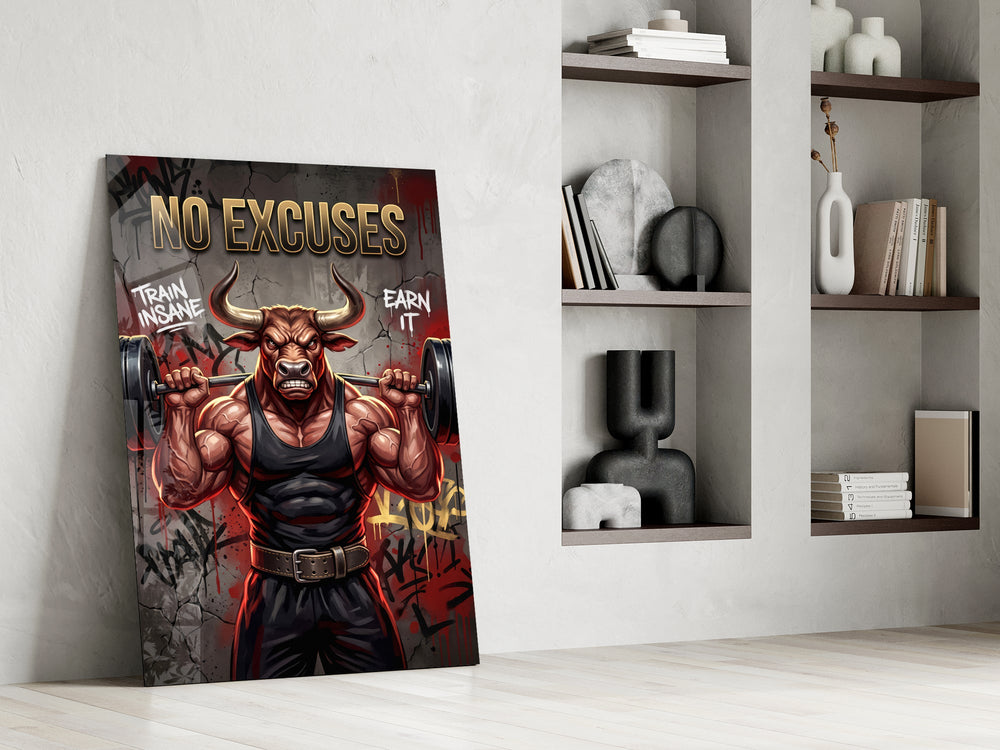 a weightlifting bull with a barbell panel resting in a shelving niche in a modern interior