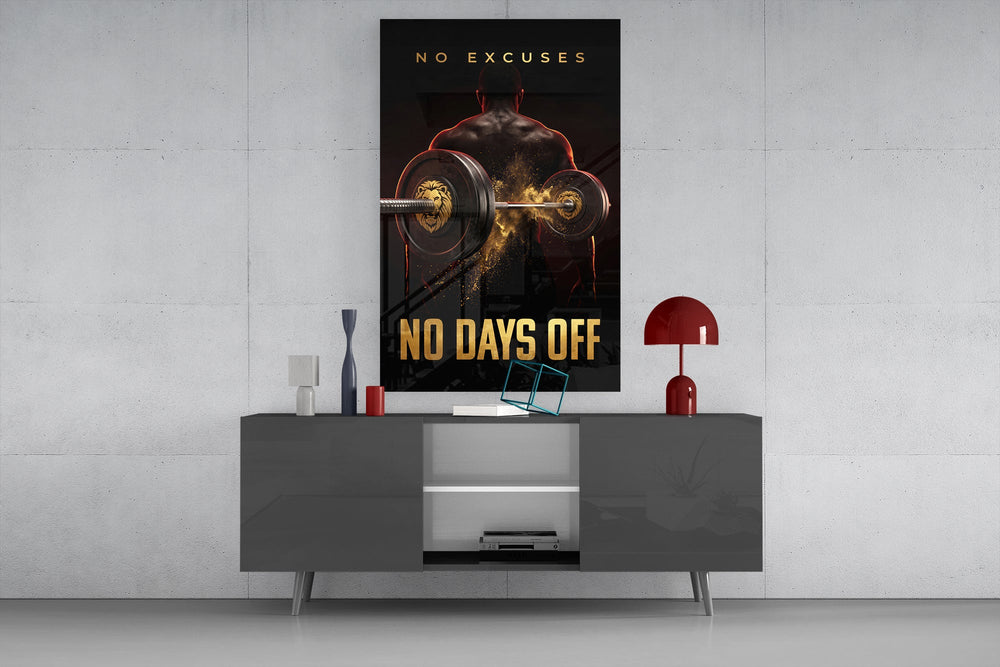 no days off gold barbell motivation glass wall art displayed above a console in a designer interior