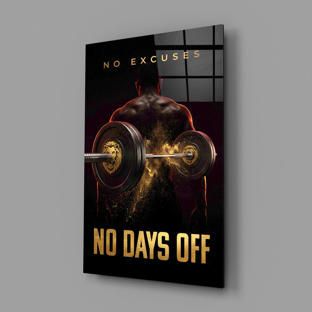 no days off gold barbell motivation glass wall art angled to show the polished tempered glass panel