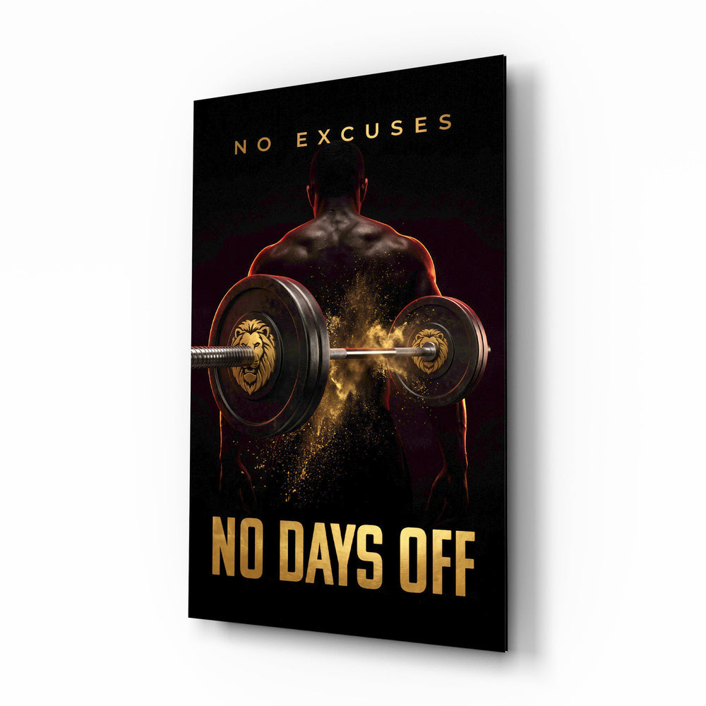 No Days Off Gold Barbell Gym Glass Wall Art - Lifestyle preview in a designer interior
