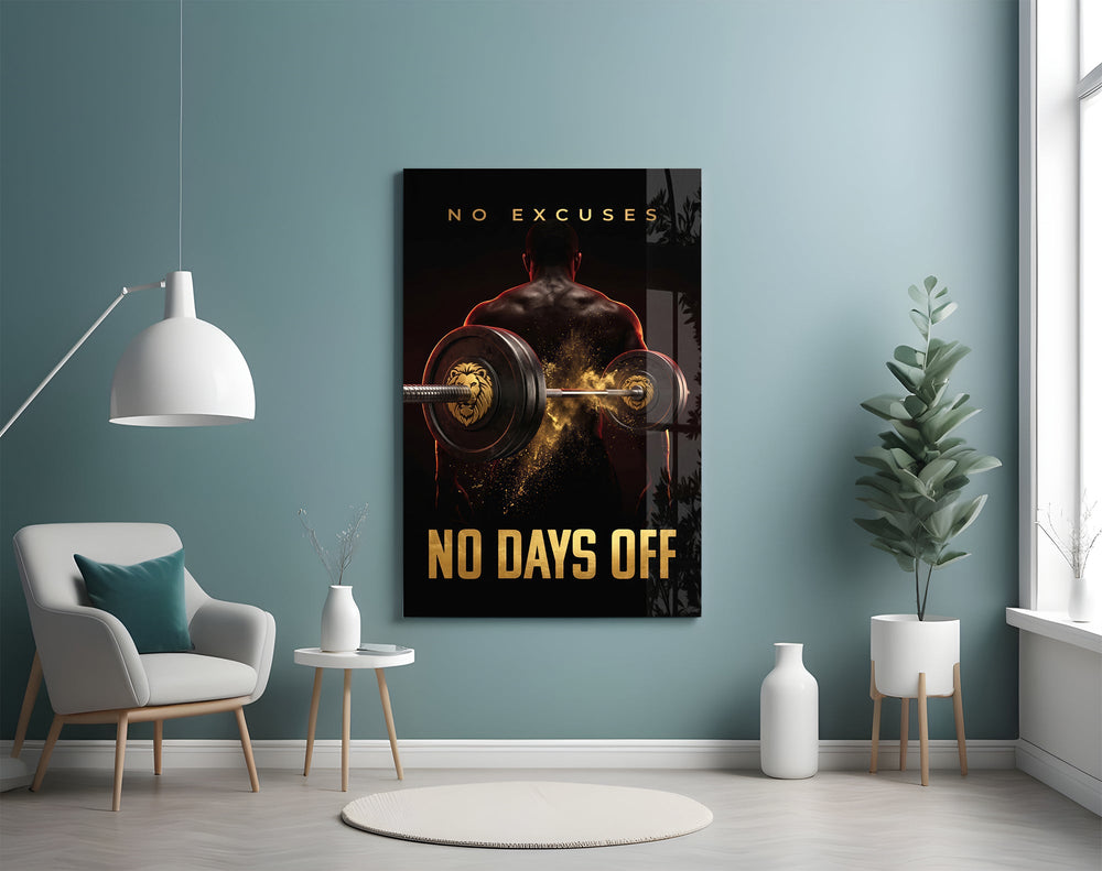 no days off gold barbell motivation glass wall art styled above an armchair in a reading corner