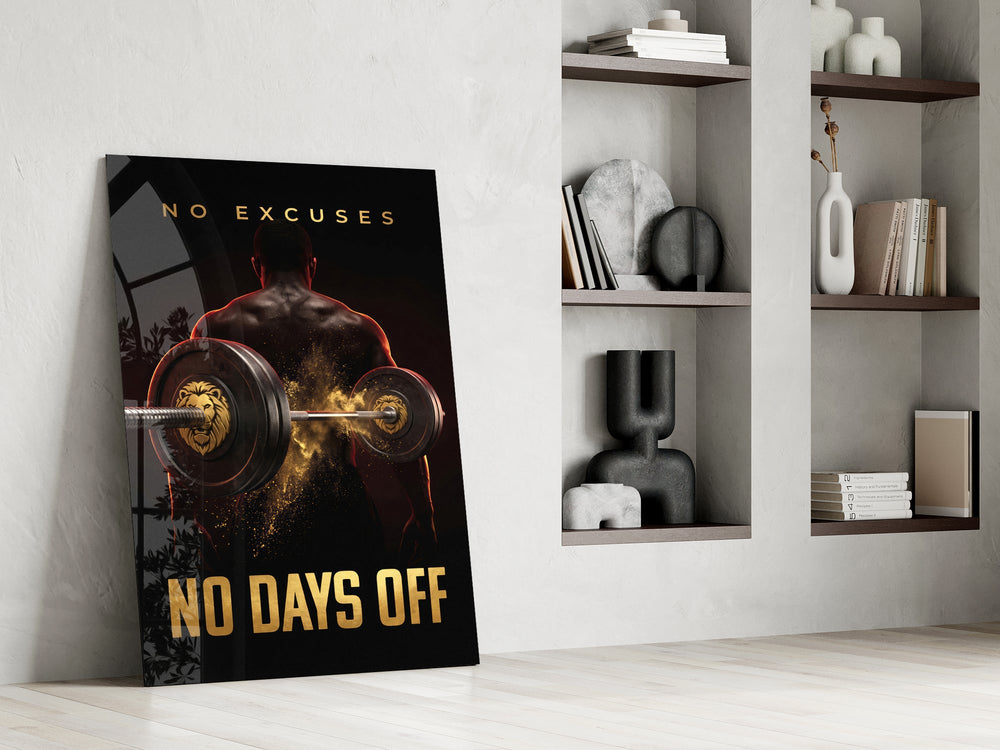 no days off gold barbell motivation panel resting in a shelving niche in a modern interior