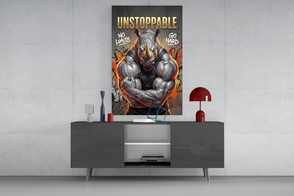 unstoppable muscular rhino bodybuilder glass wall art displayed above a console in a designer interior