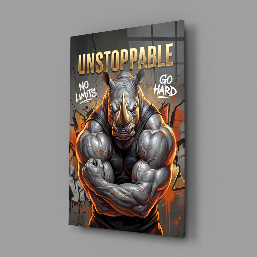 unstoppable muscular rhino bodybuilder glass wall art angled to show the polished tempered glass panel