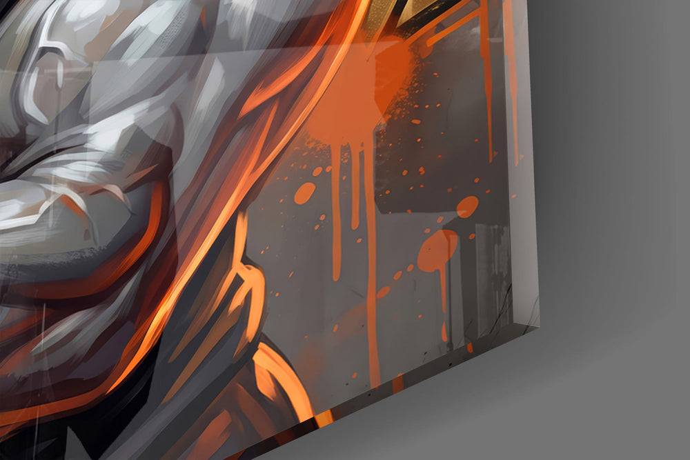 Close-up detail of the crossed forearms and the orange graffiti splatter on the glass surface