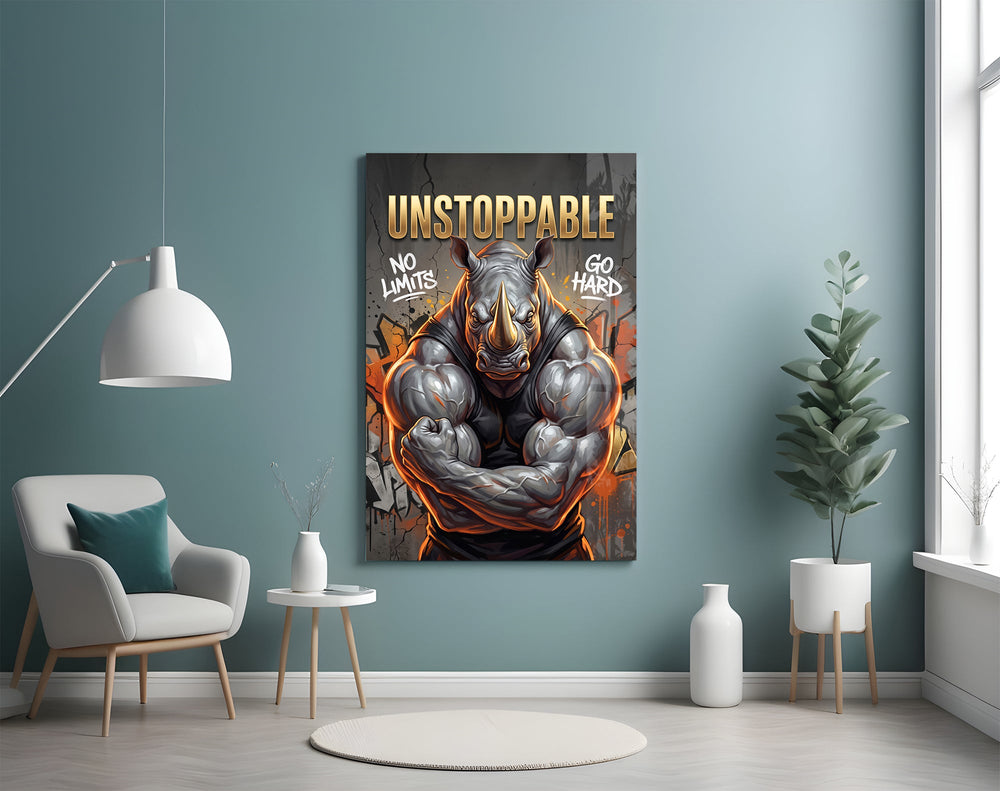 unstoppable muscular rhino bodybuilder glass wall art styled above an armchair in a reading corner