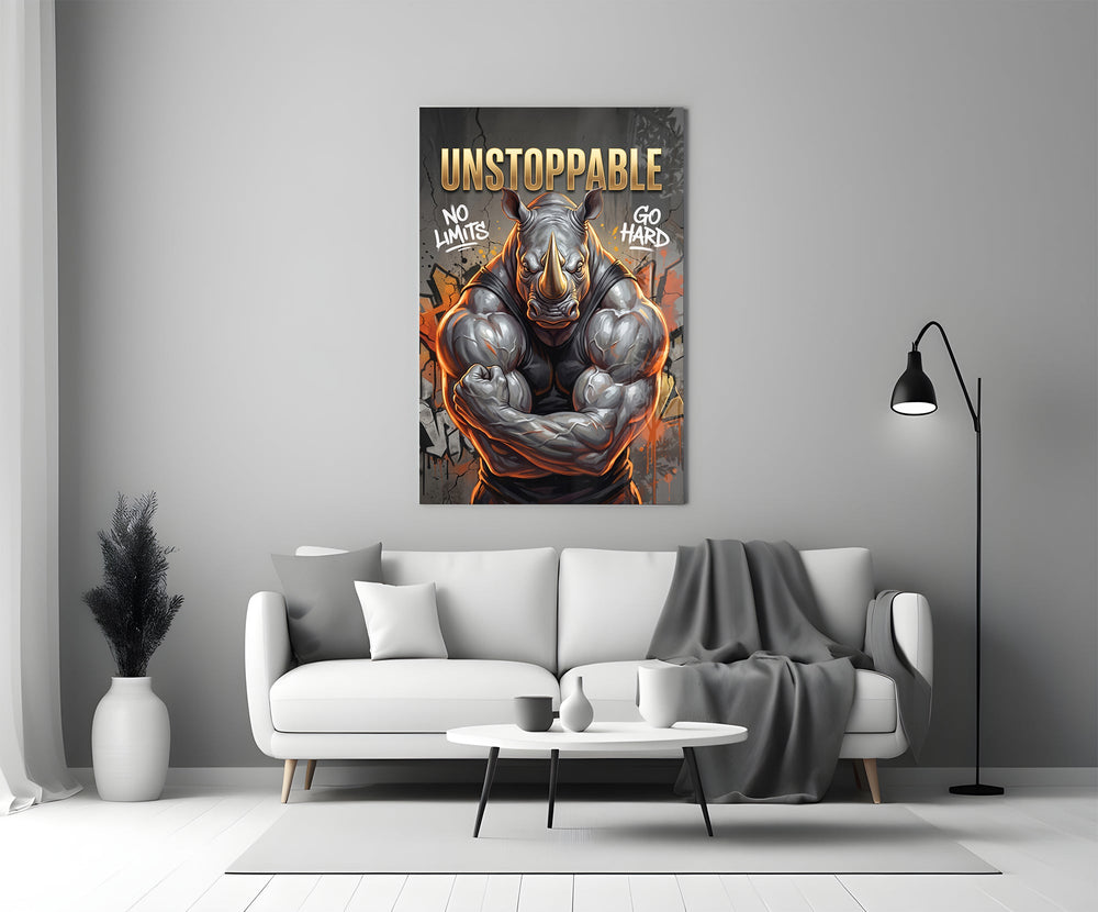 unstoppable muscular rhino bodybuilder panel bringing character to a minimalist living room wall