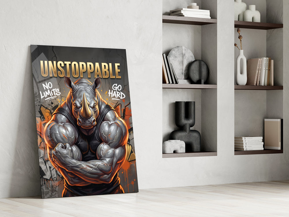 unstoppable muscular rhino bodybuilder panel resting in a shelving niche in a modern interior