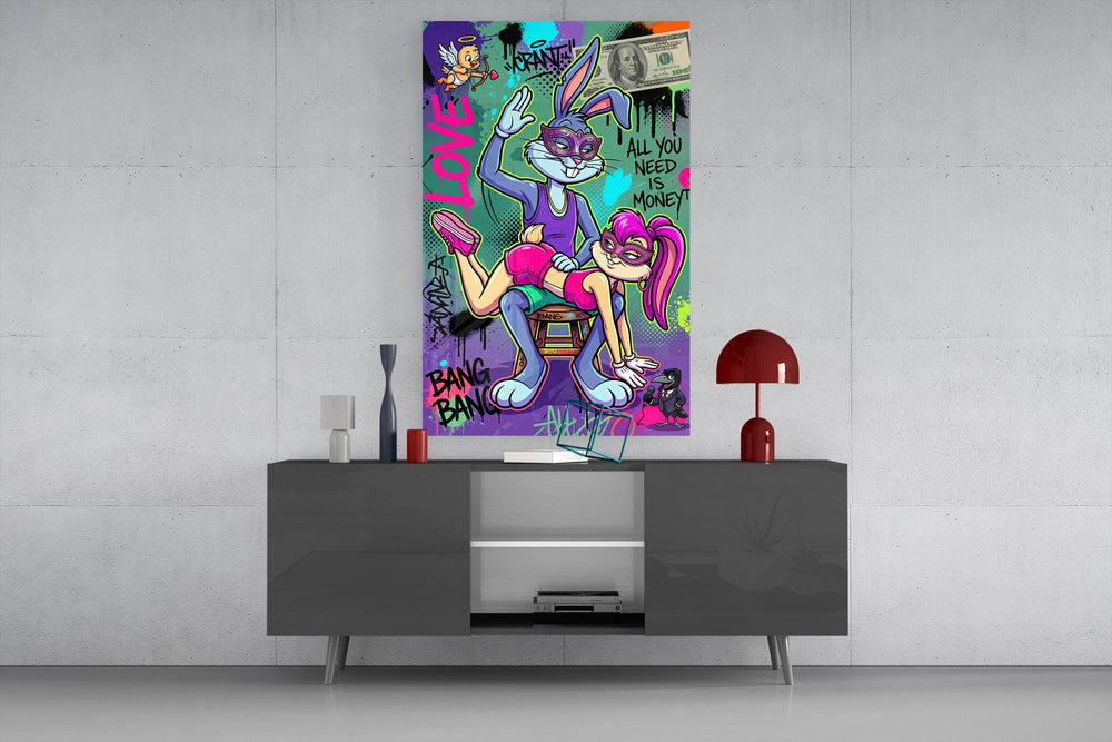 love and money cartoon rabbit graffiti glass wall art displayed above a console in a designer interior