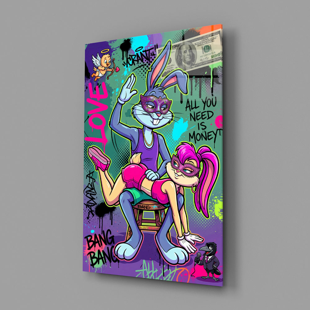 love and money cartoon rabbit graffiti glass wall art angled to show the polished tempered glass panel