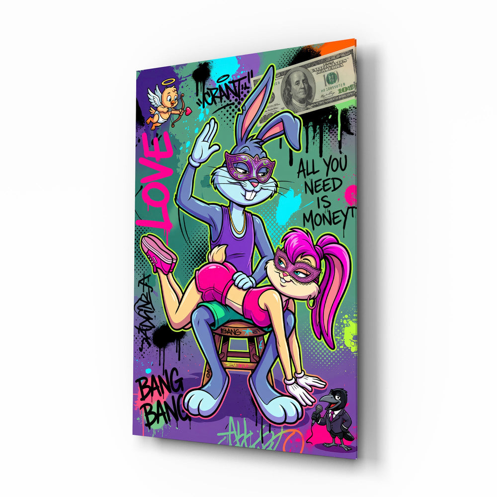 Love and Money Cartoon Rabbit Pop Art Glass Wall Art - Lifestyle preview in a designer interior