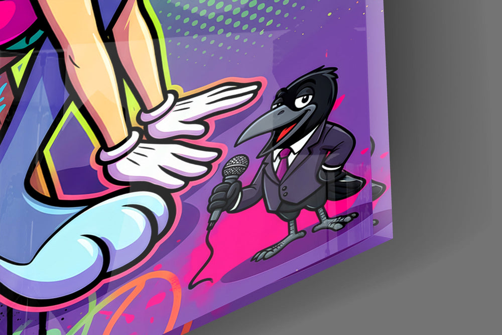 Close-up detail of the masquerade masks and the neon paint splatter on the glass surface
