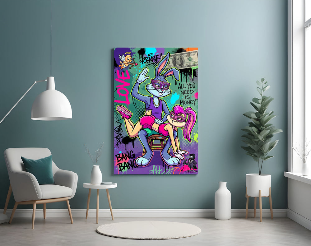 love and money cartoon rabbit graffiti glass wall art styled above an armchair in a reading corner