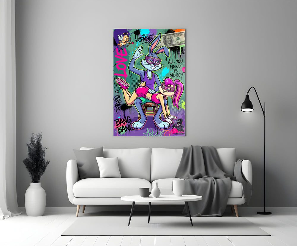 love and money cartoon rabbit graffiti panel bringing character to a minimalist living room wall