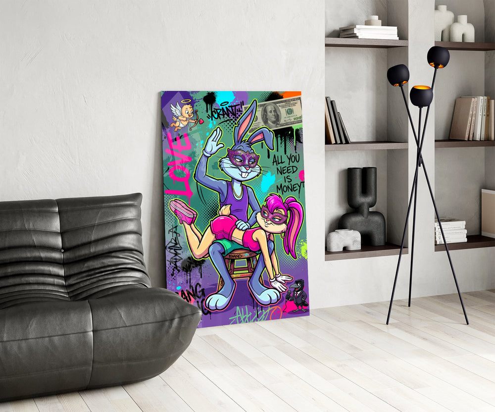 love and money cartoon rabbit graffiti glass wall art leaning beside a dark leather sofa