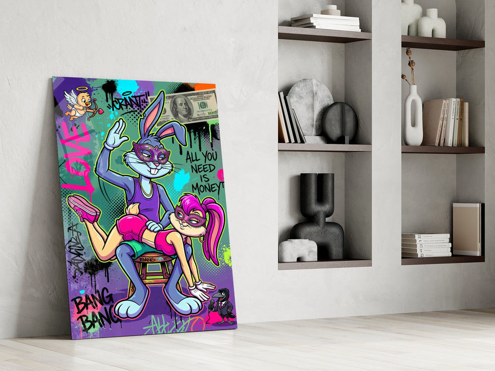 love and money cartoon rabbit graffiti panel resting in a shelving niche in a modern interior