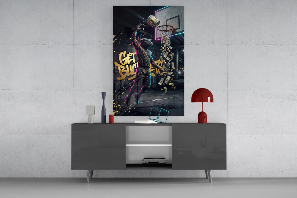 get buckets bull baller money dunk glass wall art displayed above a console in a designer interior