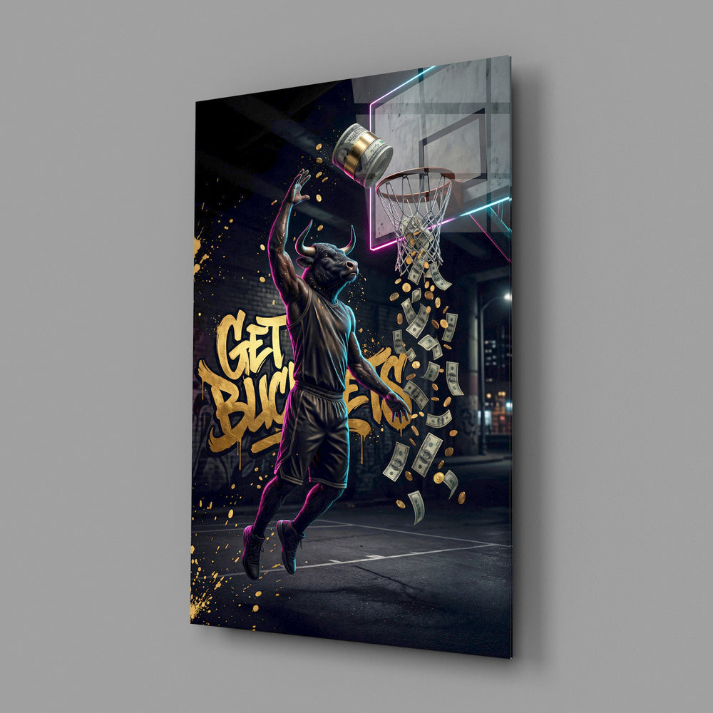 get buckets bull baller money dunk glass wall art angled to show the polished tempered glass panel