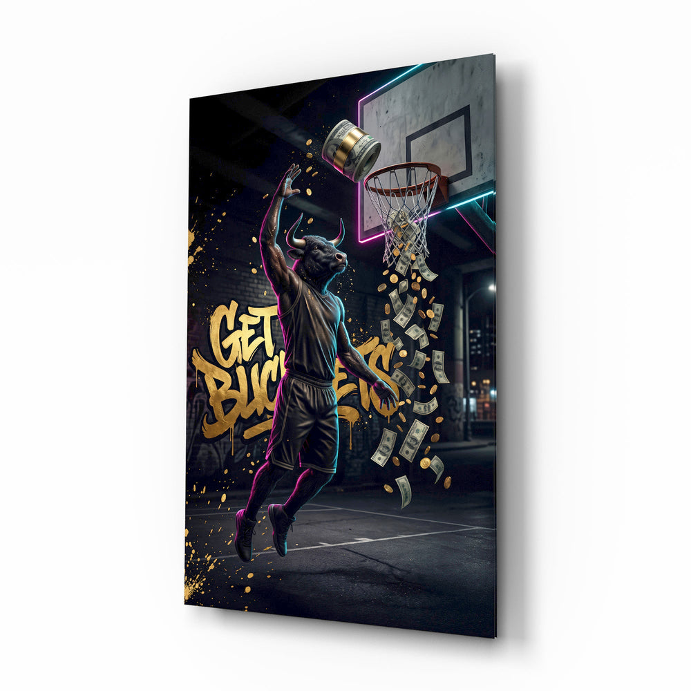 Get Buckets Bull Baller Money Dunk Glass Wall Art - Lifestyle preview in a designer interior