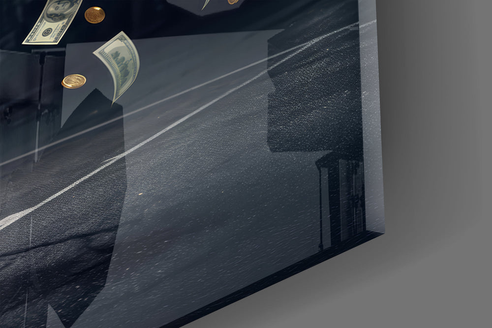 Close-up detail of the neon backboard and the cash raining from the net on the glass surface