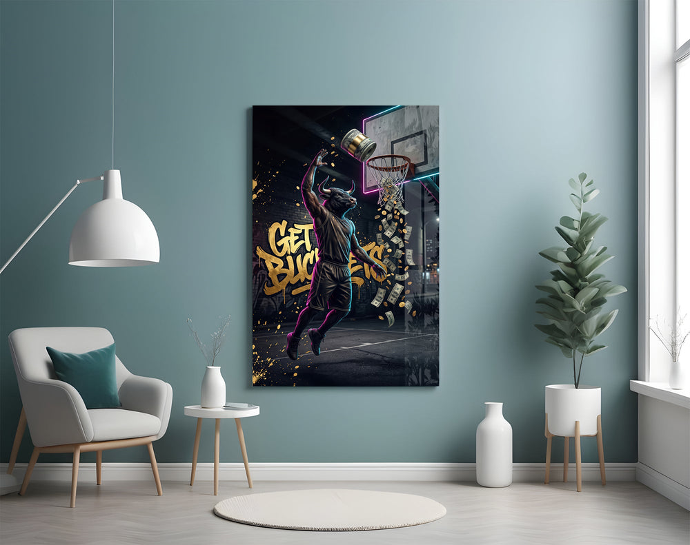 get buckets bull baller money dunk glass wall art styled above an armchair in a reading corner