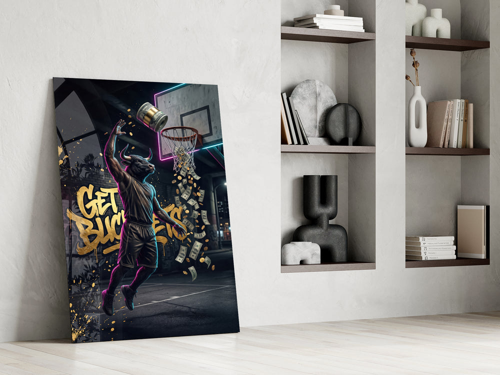 get buckets bull baller money dunk panel resting in a shelving niche in a modern interior