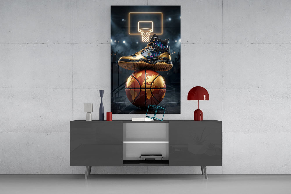 gold sneaker on a world-map basketball glass wall art displayed above a console in a designer interior