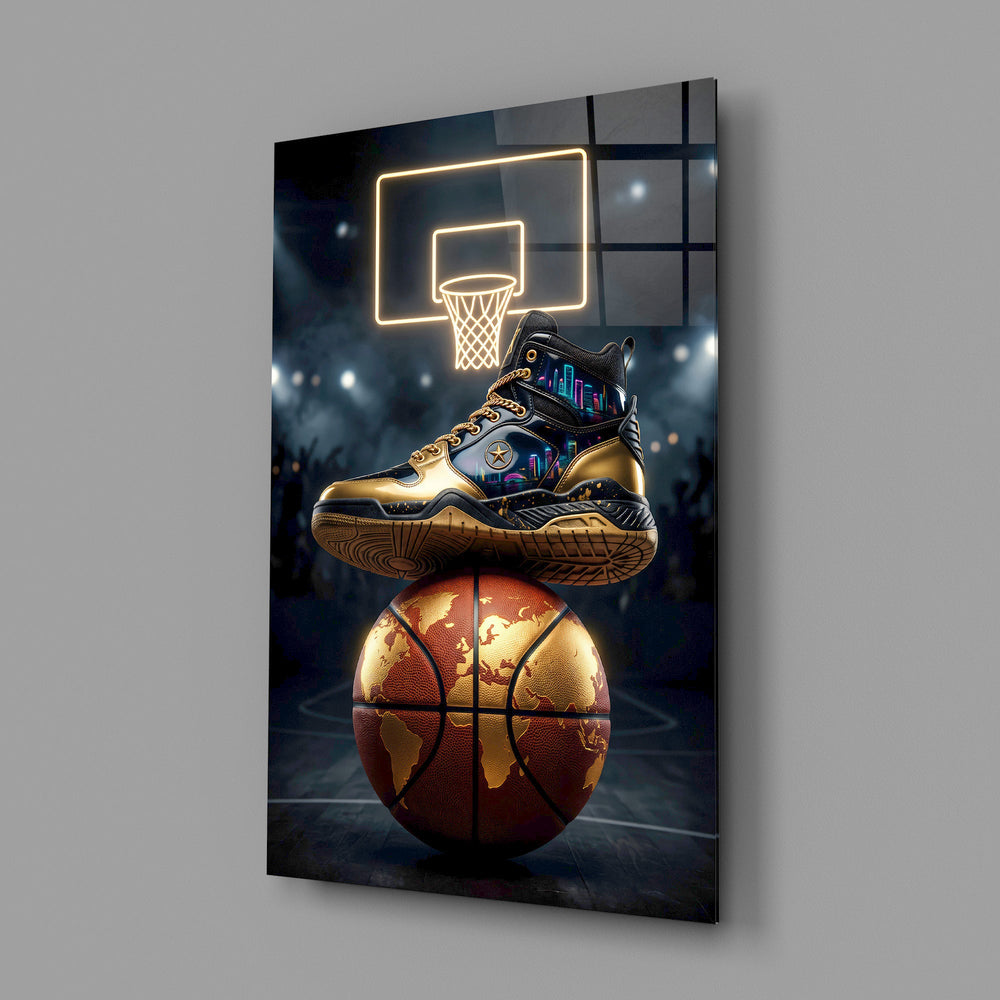 gold sneaker on a world-map basketball glass wall art angled to show the polished tempered glass panel