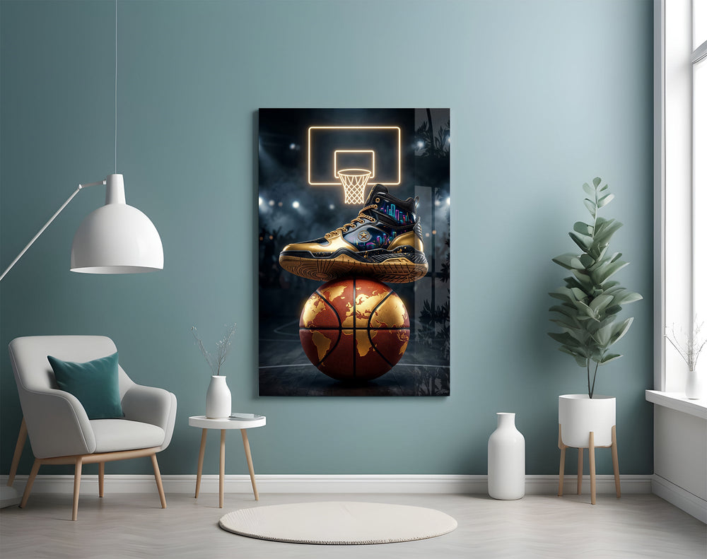 gold sneaker on a world-map basketball glass wall art styled above an armchair in a reading corner
