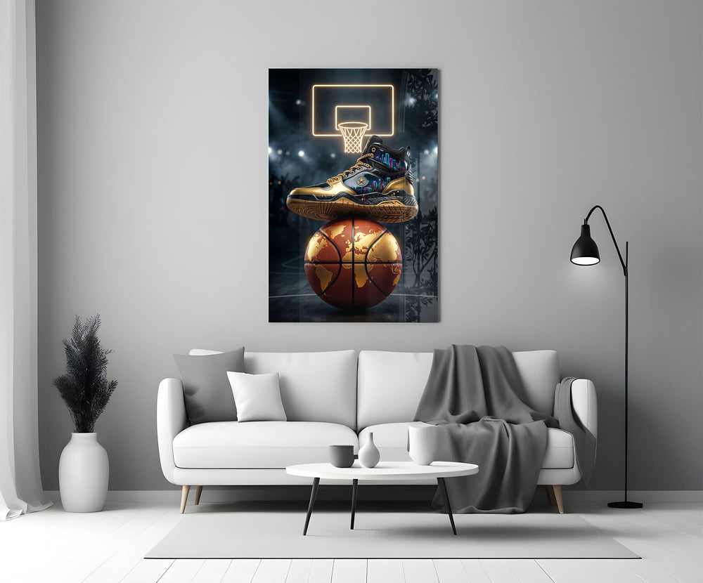 gold sneaker on a world-map basketball panel bringing character to a minimalist living room wall