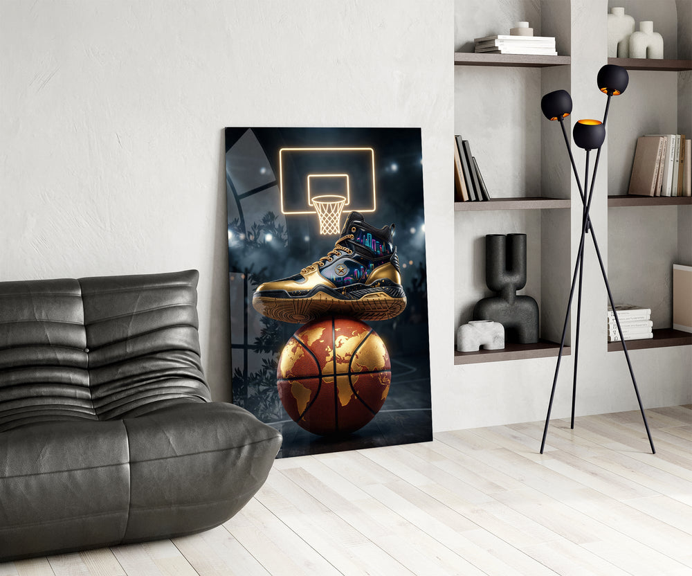 gold sneaker on a world-map basketball glass wall art leaning beside a dark leather sofa