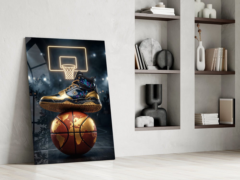 gold sneaker on a world-map basketball panel resting in a shelving niche in a modern interior