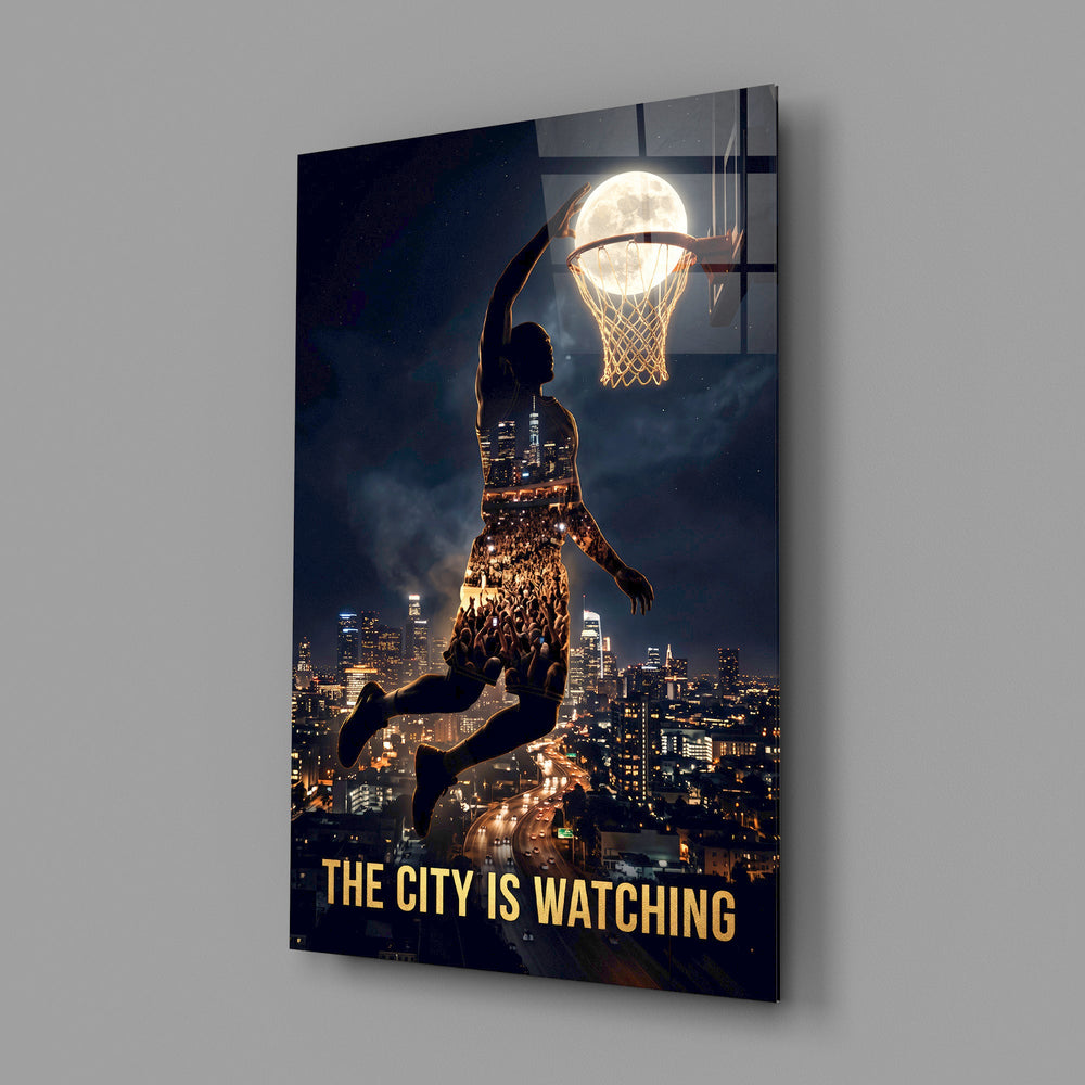 the city is watching moonlit dunk glass wall art angled to show the polished tempered glass panel