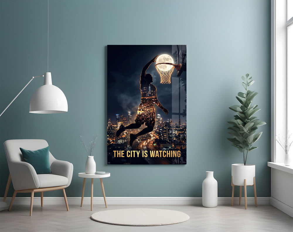 the city is watching moonlit dunk glass wall art styled above an armchair in a reading corner