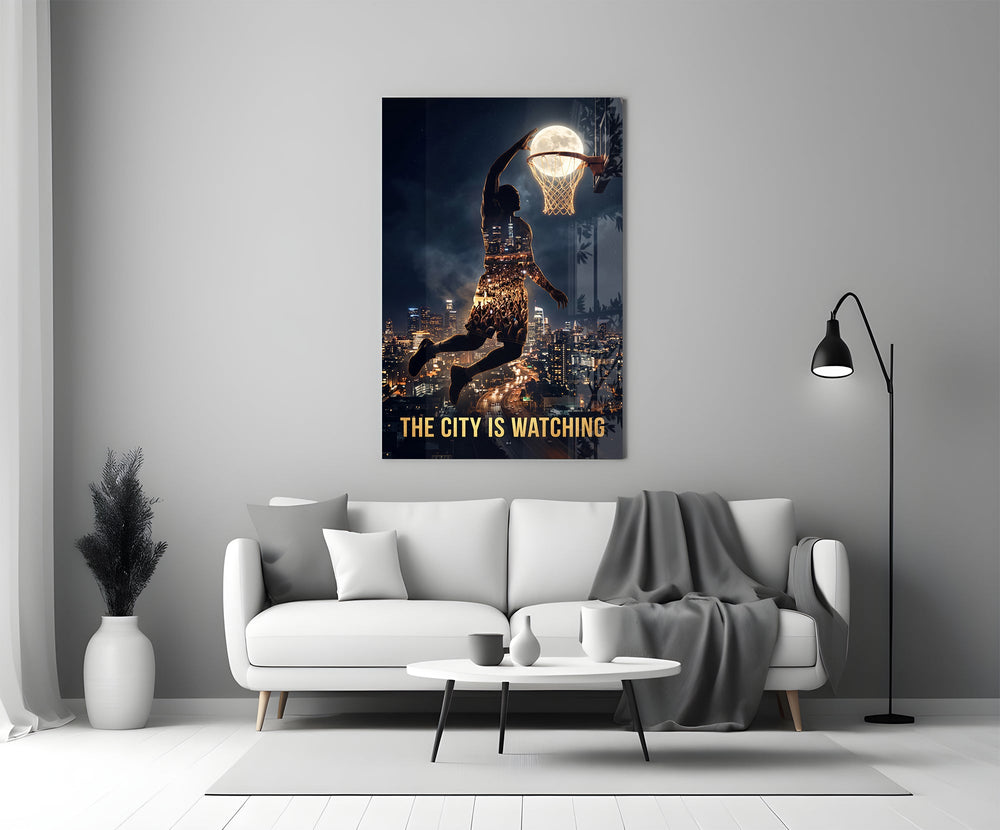 the city is watching moonlit dunk panel bringing character to a minimalist living room wall