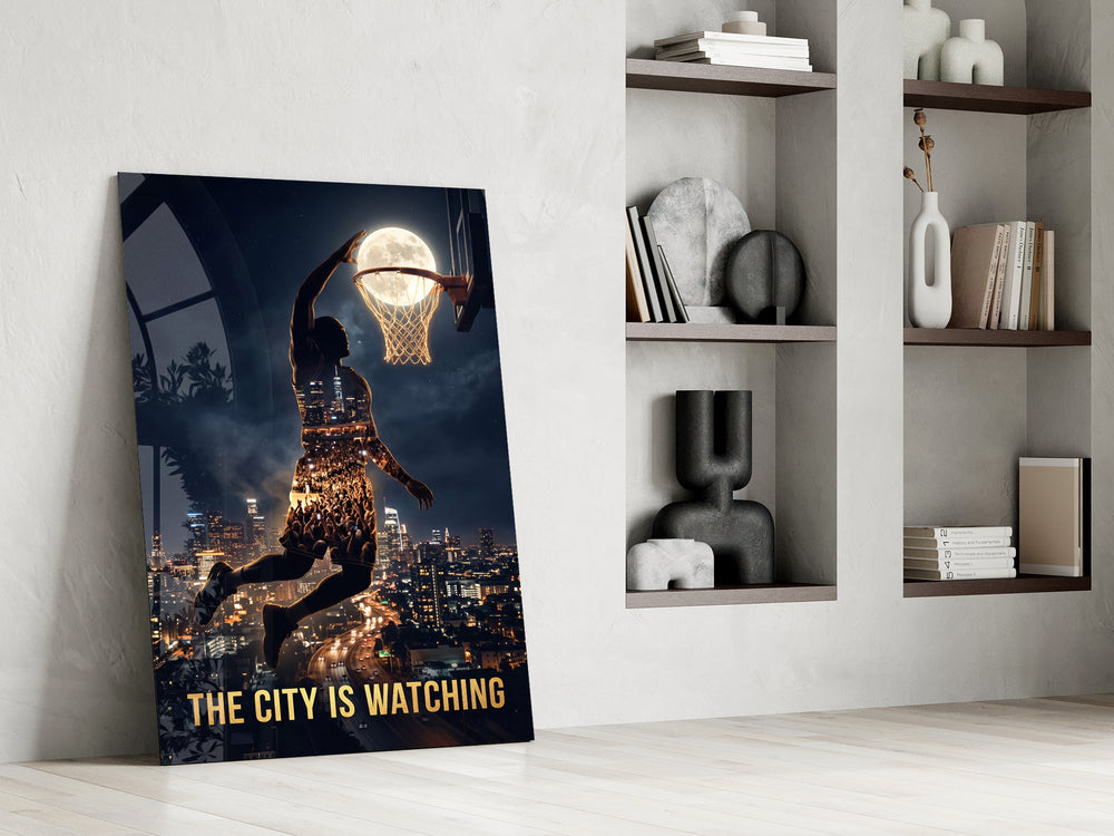 the city is watching moonlit dunk panel resting in a shelving niche in a modern interior