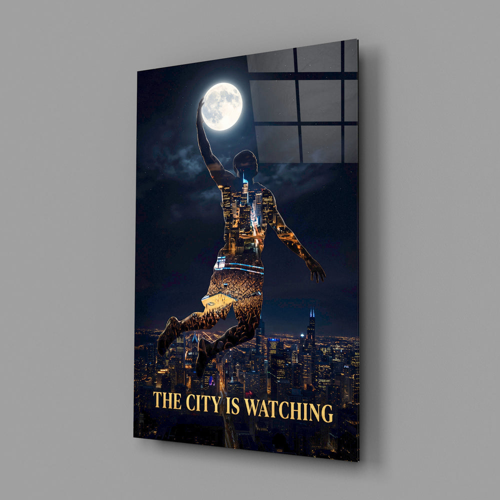 basketball player palming the moon glass wall art angled to show the polished tempered glass panel