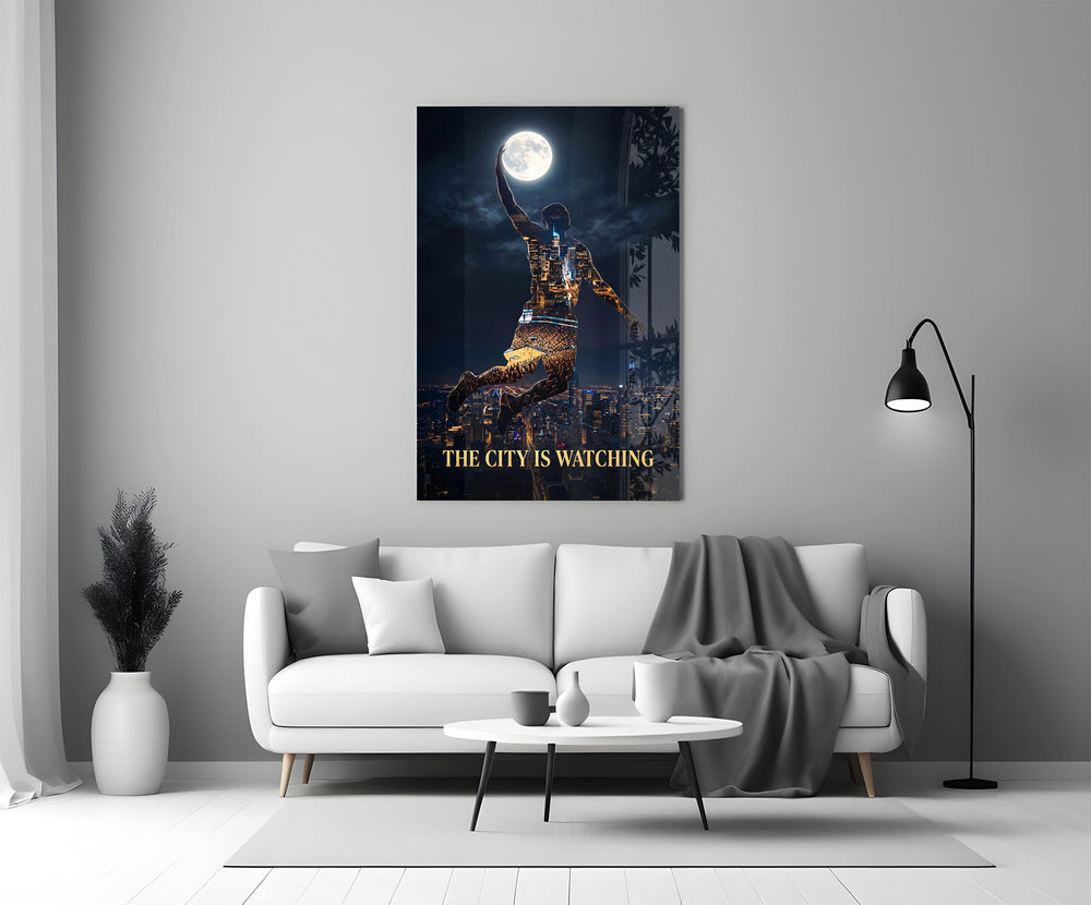 basketball player palming the moon panel bringing character to a minimalist living room wall