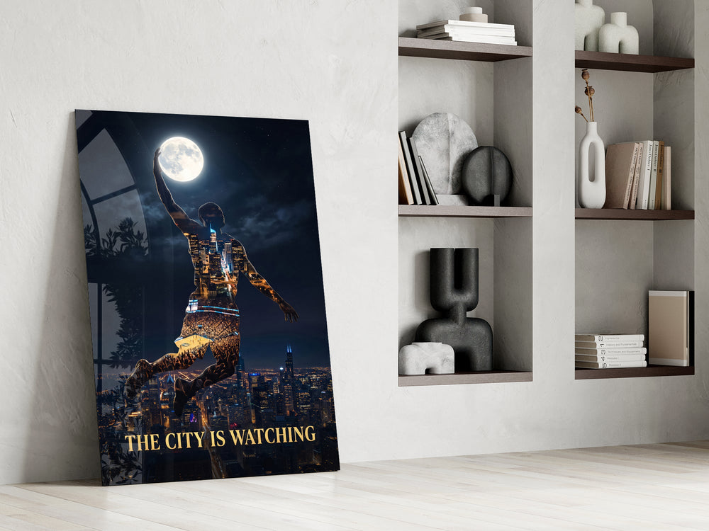 basketball player palming the moon panel resting in a shelving niche in a modern interior