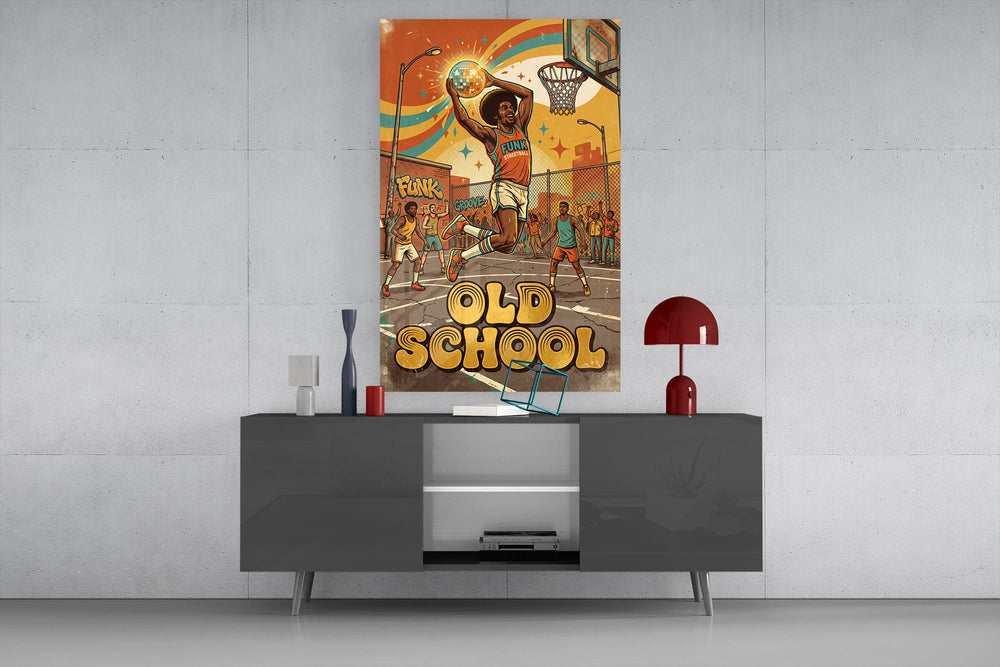 old school funk streetball dunk glass wall art displayed above a console in a designer interior